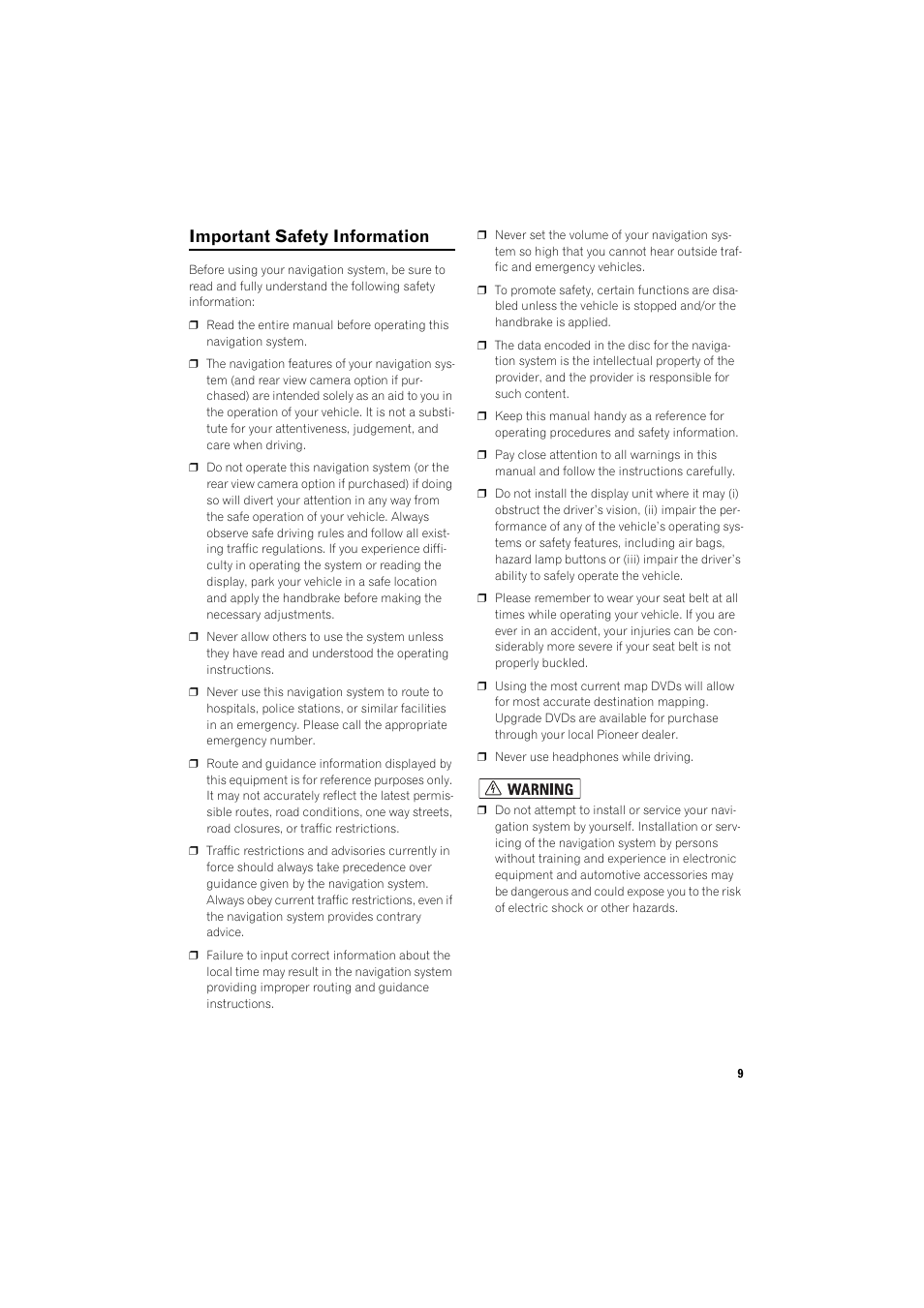 Important safety information 9, Important safety information | Pioneer AVIC-X1BT User Manual | Page 11 / 155