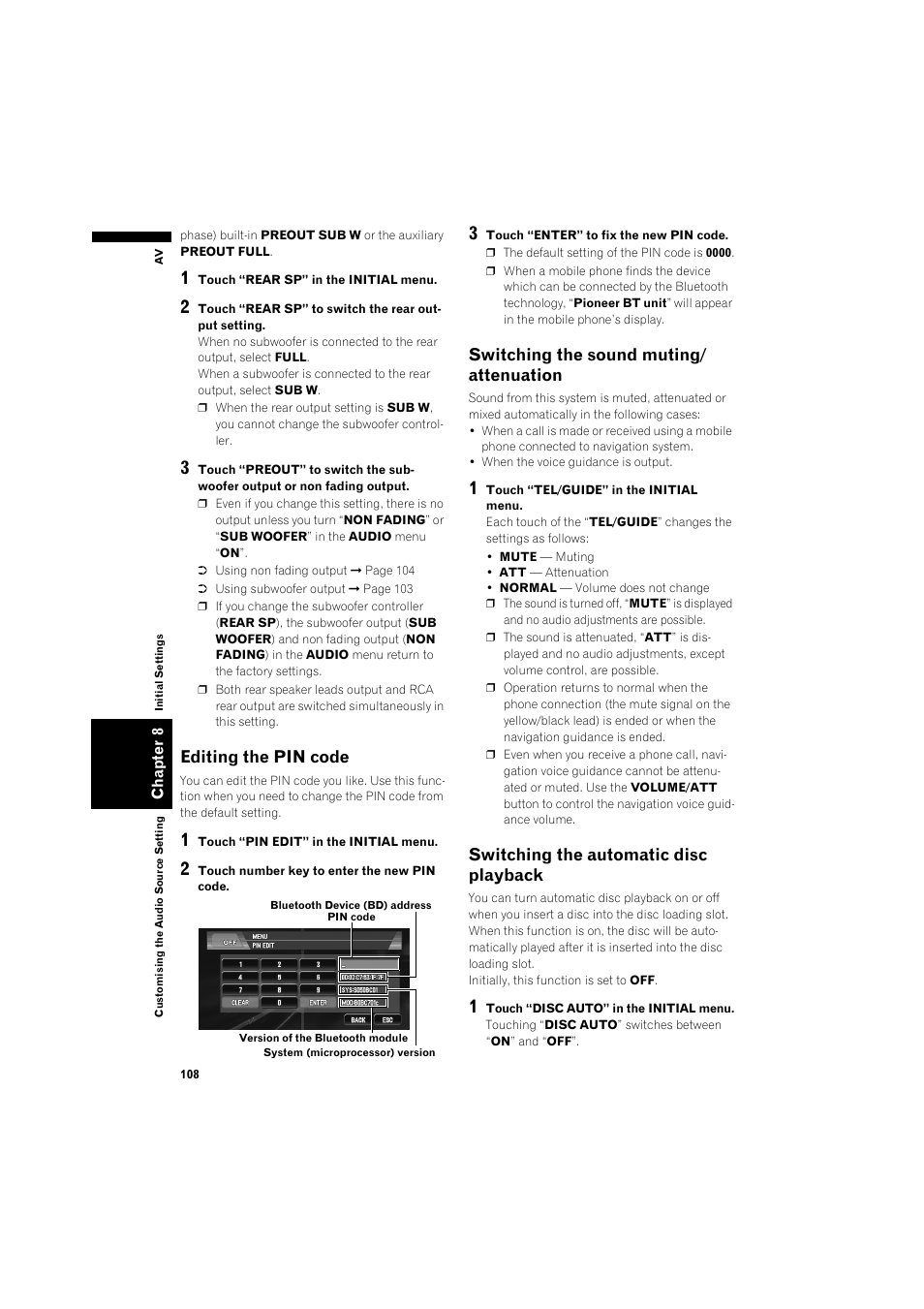 Editing the pin code, Switching the sound muting/attenuation, Switching the automatic disc playback 10 | Switching the sound muting/ attenuation, Switching the automatic disc playback | Pioneer AVIC-X1BT User Manual | Page 110 / 155