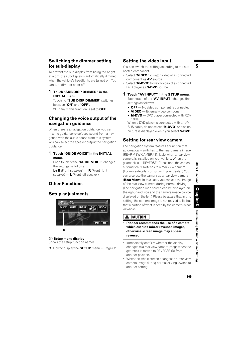 Switching the dimmer setting for sub, Display, Changing the voice output of the navigation | Guidance, Other functions 10, Setup adjustments, Setting the video input, Setting for rear view camera 10, Switching the dimmer setting for sub-display, Other functions setup adjustments | Pioneer AVIC-X1BT User Manual | Page 111 / 155