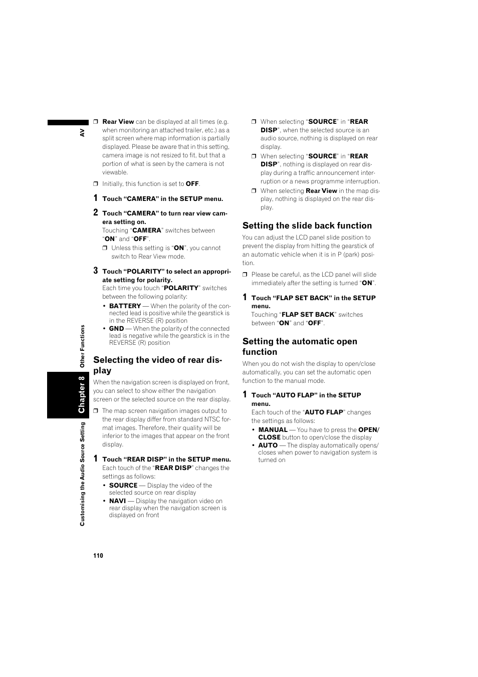 Selecting the video of rear display, Setting the slide back function 11, Setting the automatic open function | Selecting the video of rear dis- play, Setting the slide back function | Pioneer AVIC-X1BT User Manual | Page 112 / 155