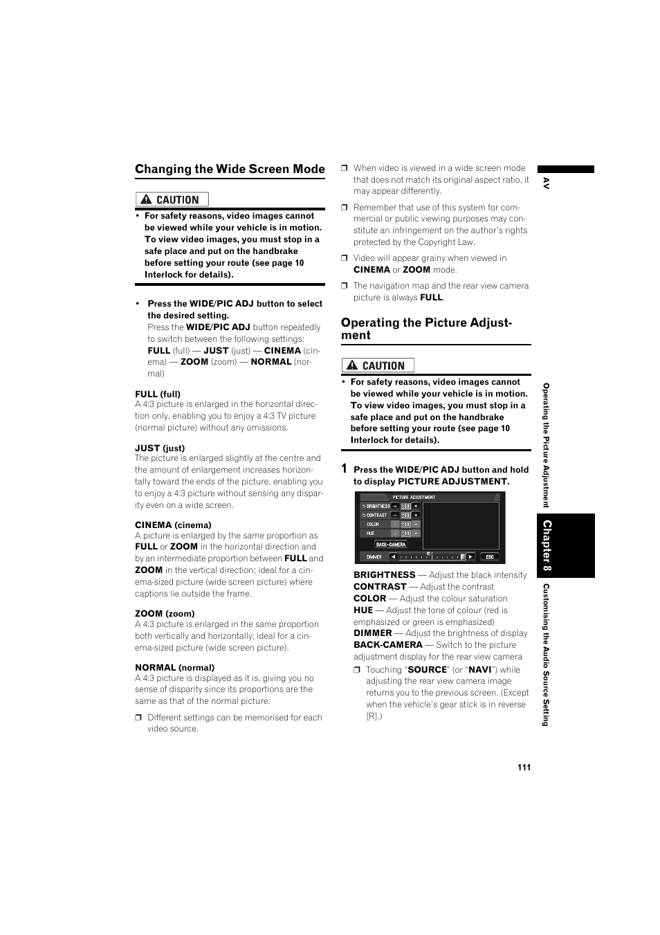 Changing the wide screen mode 11, Operating the picture adjustment, Changing the wide screen mode | Operating the picture adjust- ment | Pioneer AVIC-X1BT User Manual | Page 113 / 155