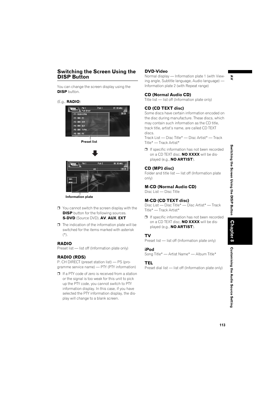Switching the screen using the disp button | Pioneer AVIC-X1BT User Manual | Page 115 / 155