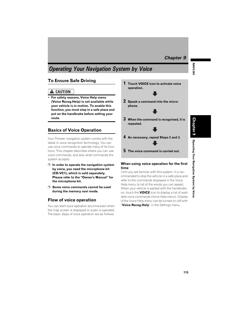 Chapter 9, Operating your navigation system by voice, To ensure safe driving | Basics of voice operation, Flow of voice operation 11 | Pioneer AVIC-X1BT User Manual | Page 117 / 155
