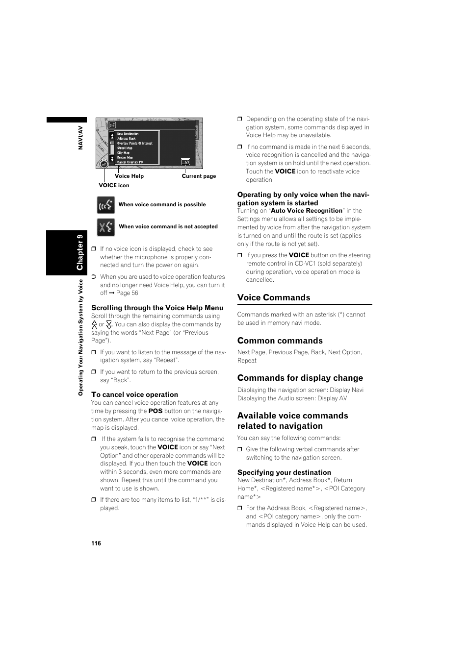 Voice commands, Common commands 11, Commands for display change | Available voice commands related to, Navigation, Common commands, Available voice commands related to navigation | Pioneer AVIC-X1BT User Manual | Page 118 / 155