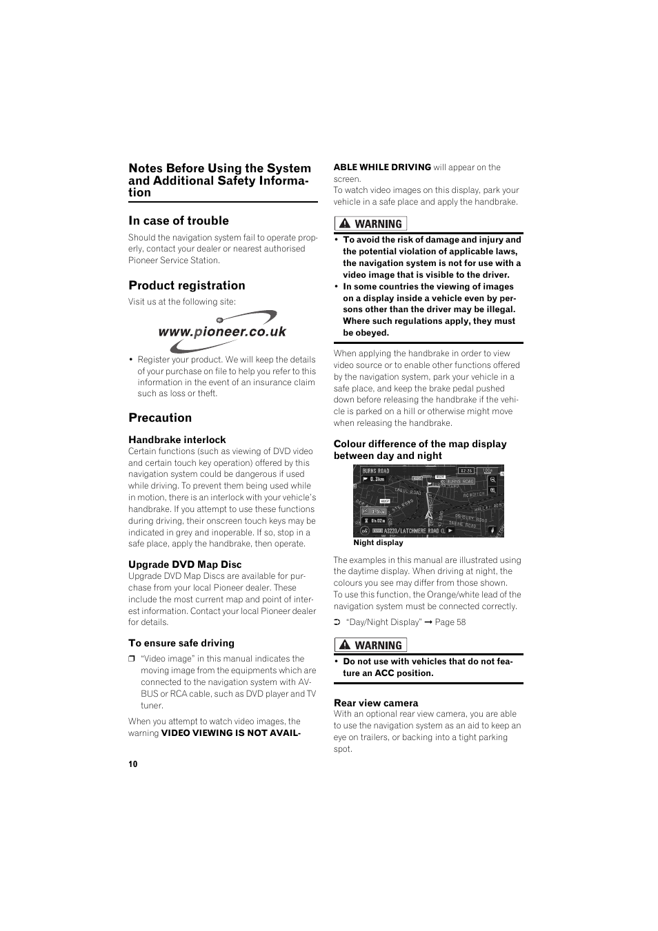 Notes before using the system and additional, Safety information, In case of trouble 10 | Product registration 10, Precaution, Product registration | Pioneer AVIC-X1BT User Manual | Page 12 / 155