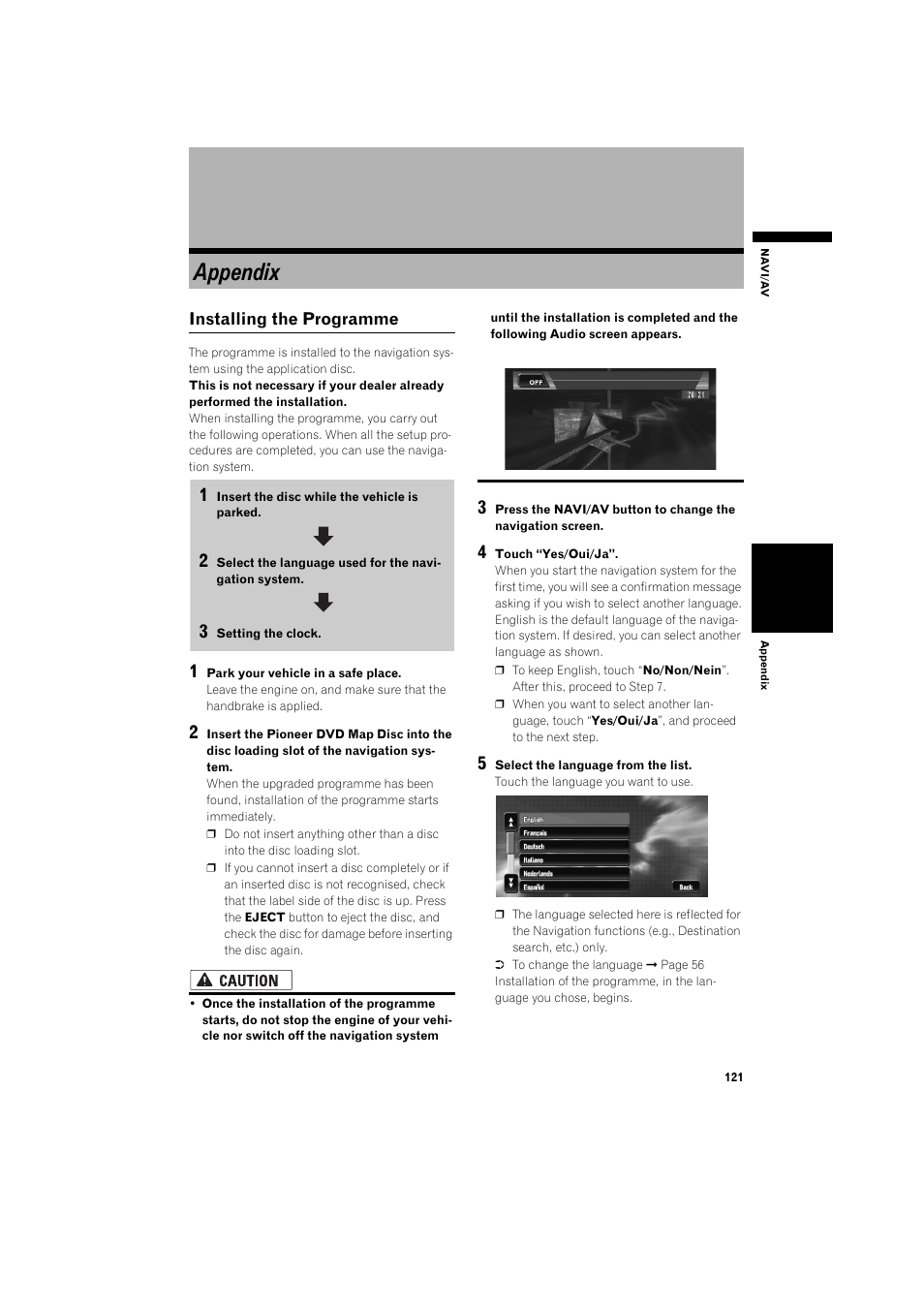 Appendix, Installing the programme, 121 and | Pioneer AVIC-X1BT User Manual | Page 123 / 155