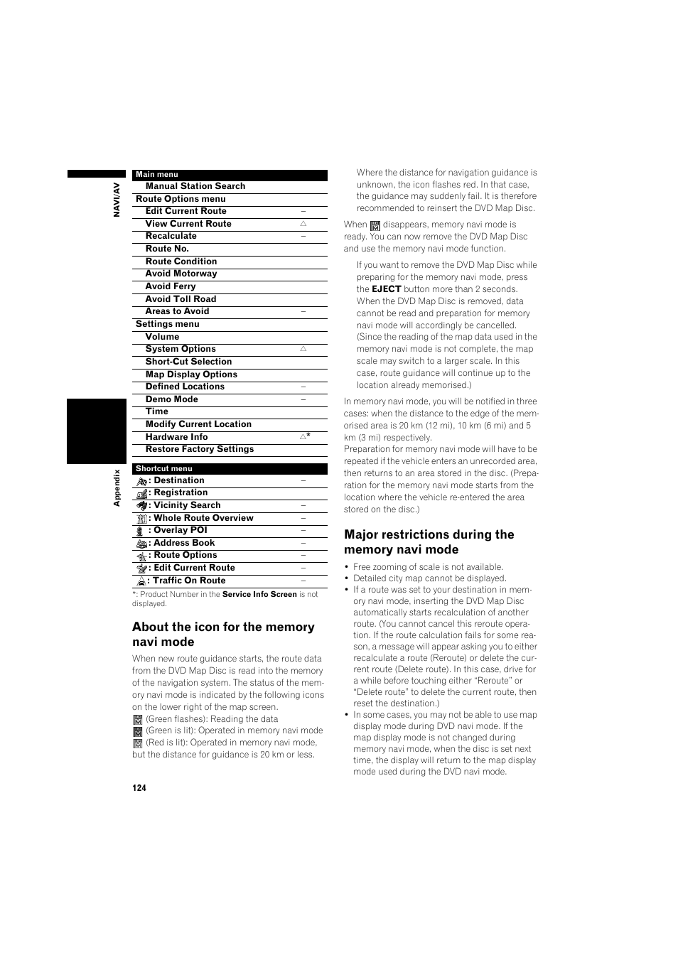 About the icon for the memory navi mode, Major restrictions during the memory navi, Mode 12 | Pioneer AVIC-X1BT User Manual | Page 126 / 155