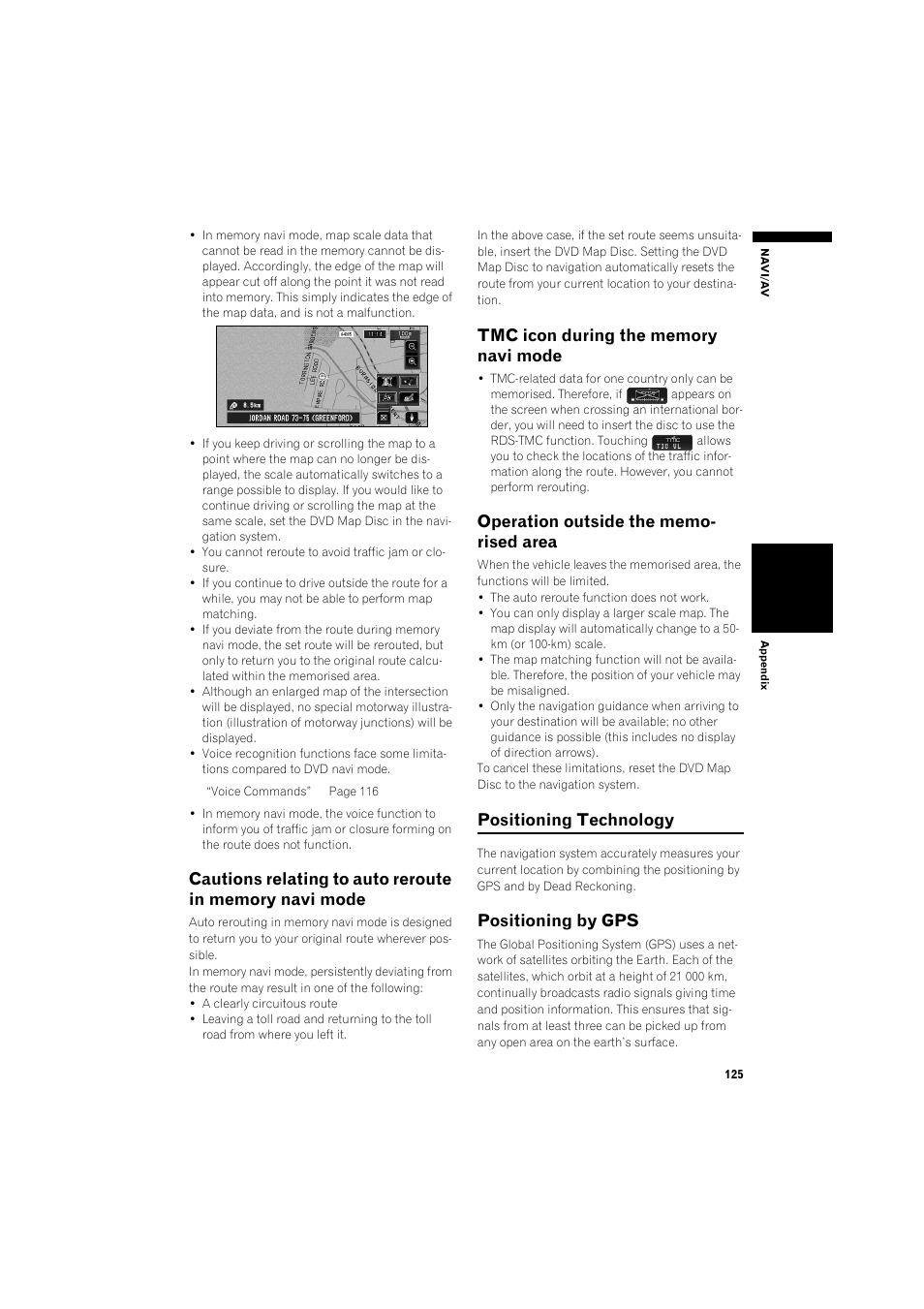 Cautions relating to auto reroute in memory, Navi mode 12, Tmc icon during the memory navi mode 12 | Operation outside the memorised area, Positioning technology 12, Positioning by gps 12, Positioning technology, Positioning by gps | Pioneer AVIC-X1BT User Manual | Page 127 / 155