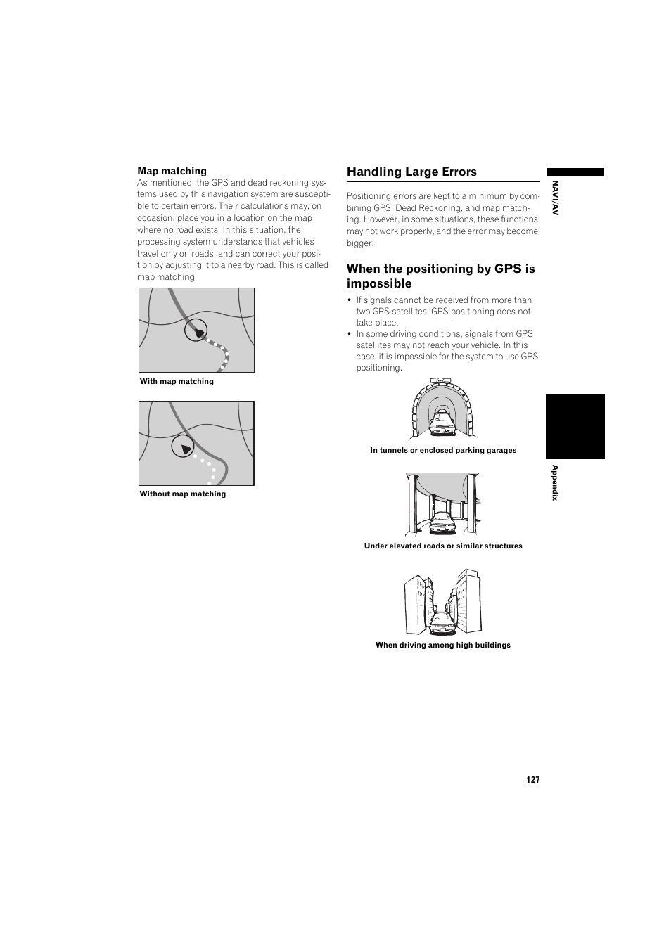 Handling large errors 12, When the positioning by gps is impossible, Handling large errors | Pioneer AVIC-X1BT User Manual | Page 129 / 155