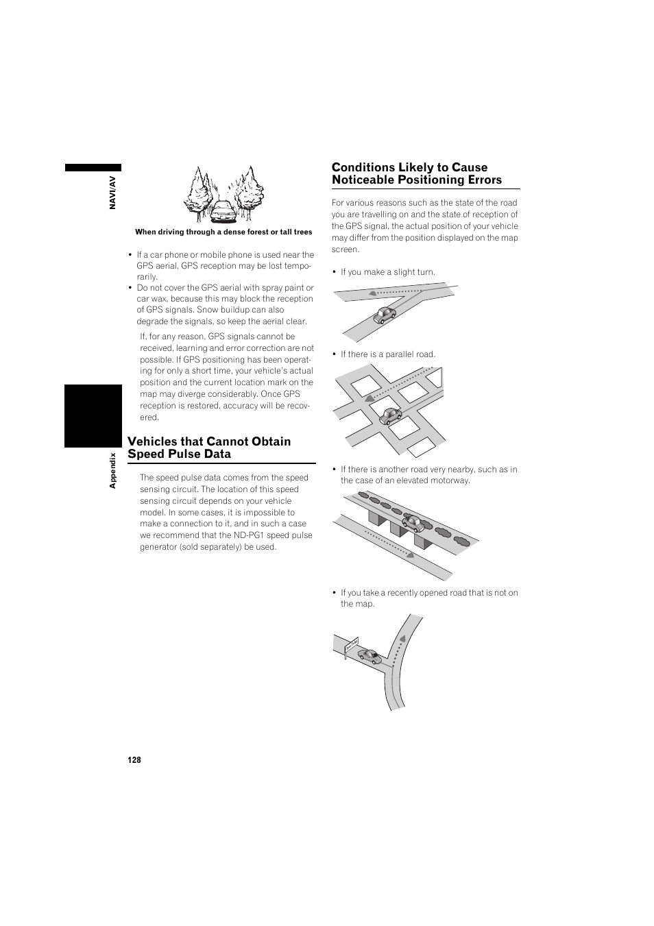 Vehicles that cannot obtain speed pulse, Data 12, Conditions likely to cause noticeable positioning | Errors, Vehicles that cannot obtain speed pulse data | Pioneer AVIC-X1BT User Manual | Page 130 / 155