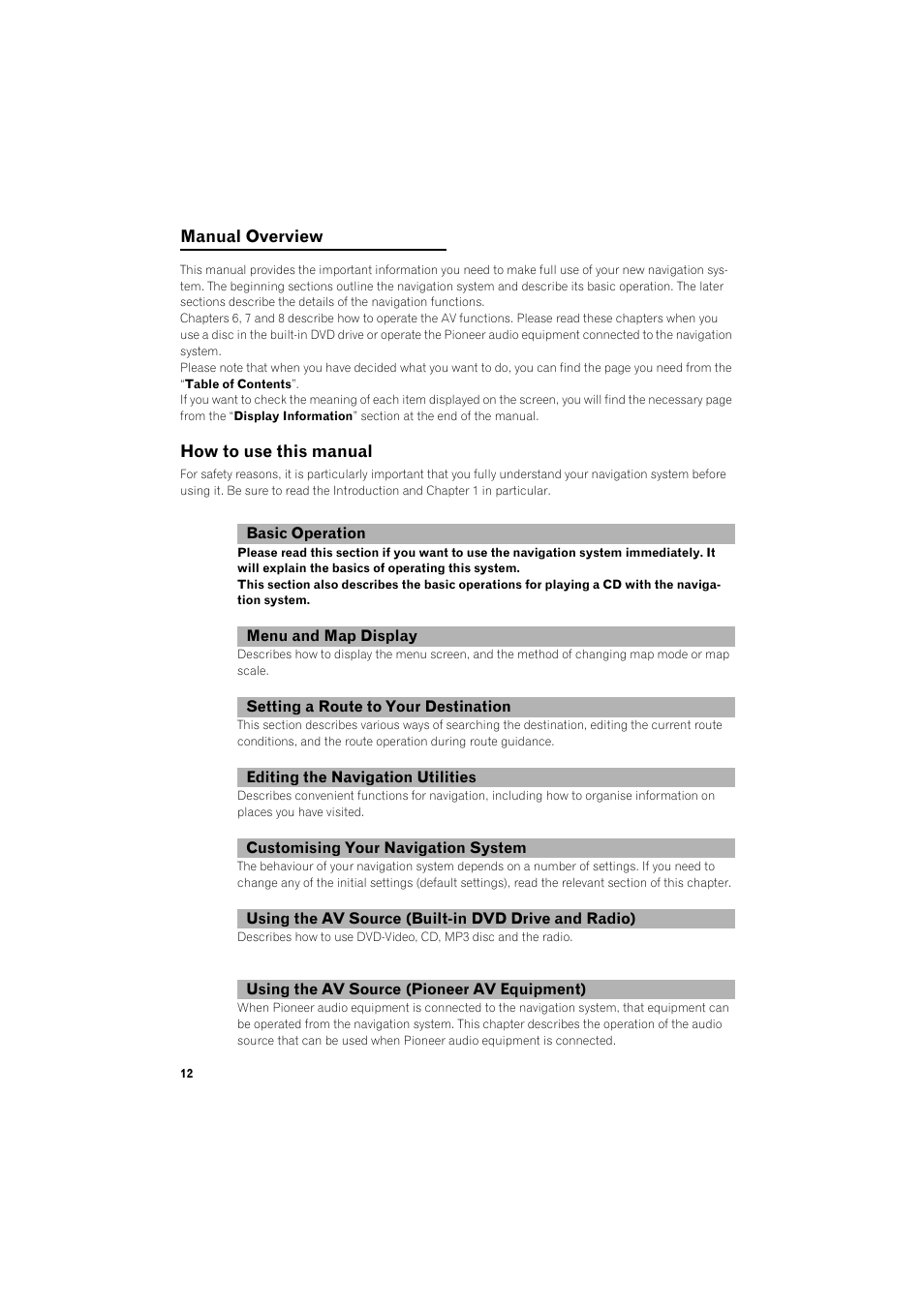 Manual overview 12, How to use this manual 12 | Pioneer AVIC-X1BT User Manual | Page 14 / 155