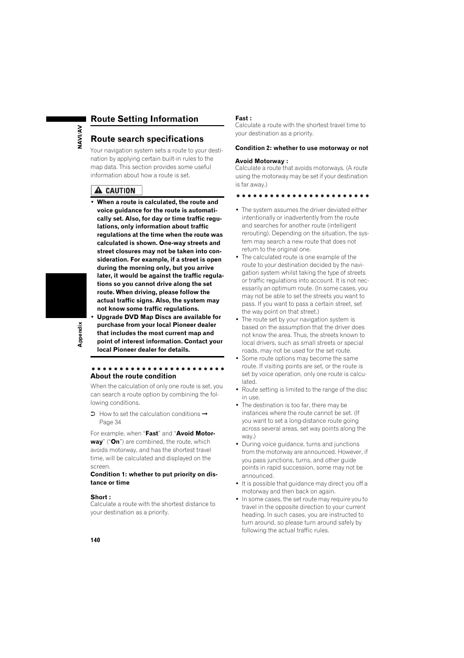 Route setting information, Route search specifications | Pioneer AVIC-X1BT User Manual | Page 142 / 155