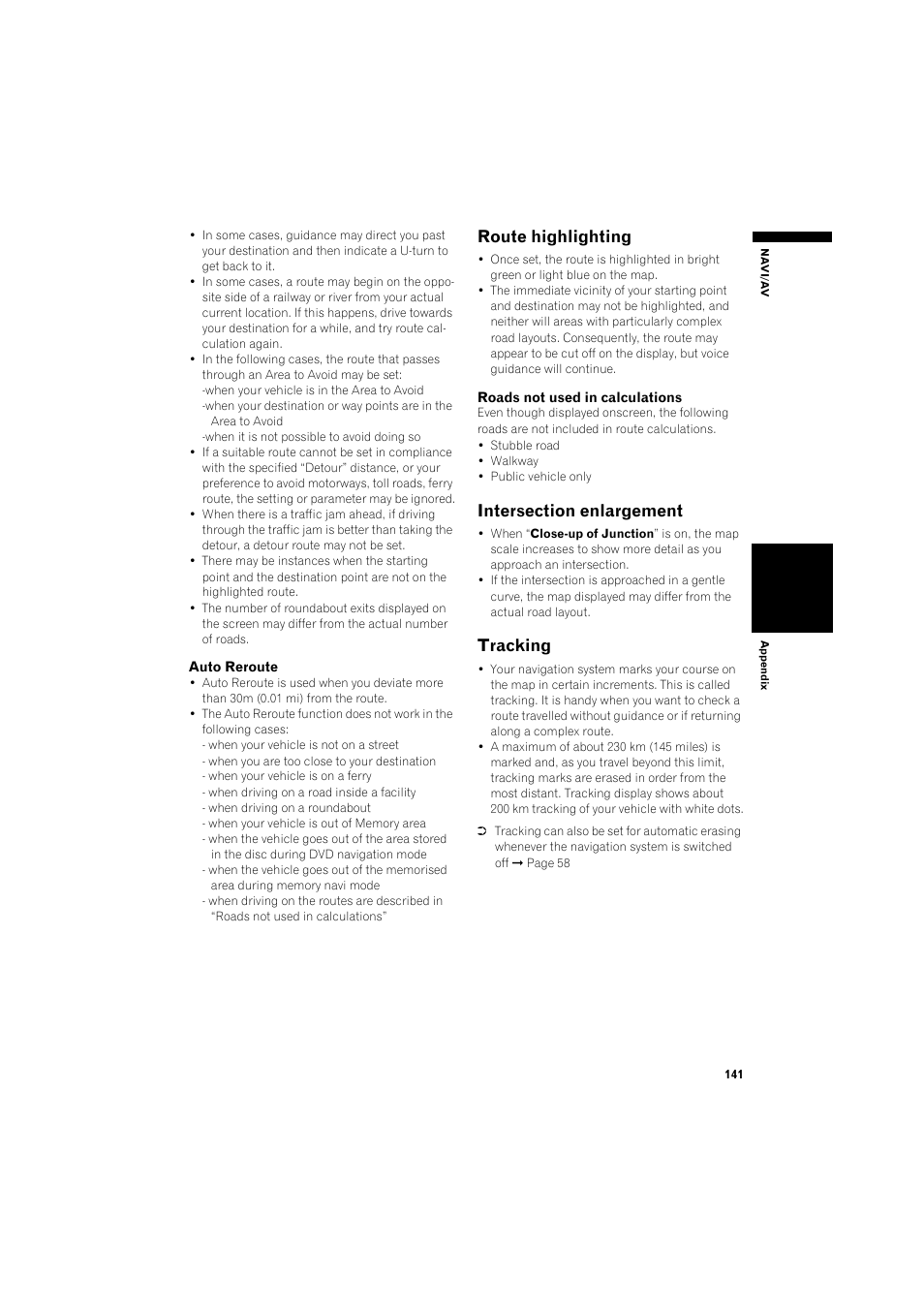 Route highlighting, Intersection enlargement 14, Tracking 14 | Tracking | Pioneer AVIC-X1BT User Manual | Page 143 / 155