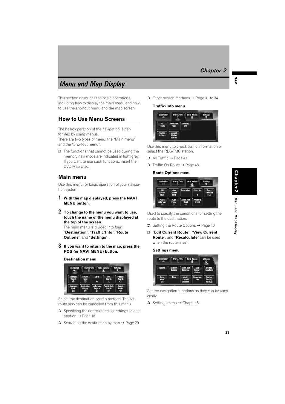 Chapter 2, Menu and map display, How to use menu screens 23 | Main menu | Pioneer AVIC-X1BT User Manual | Page 25 / 155