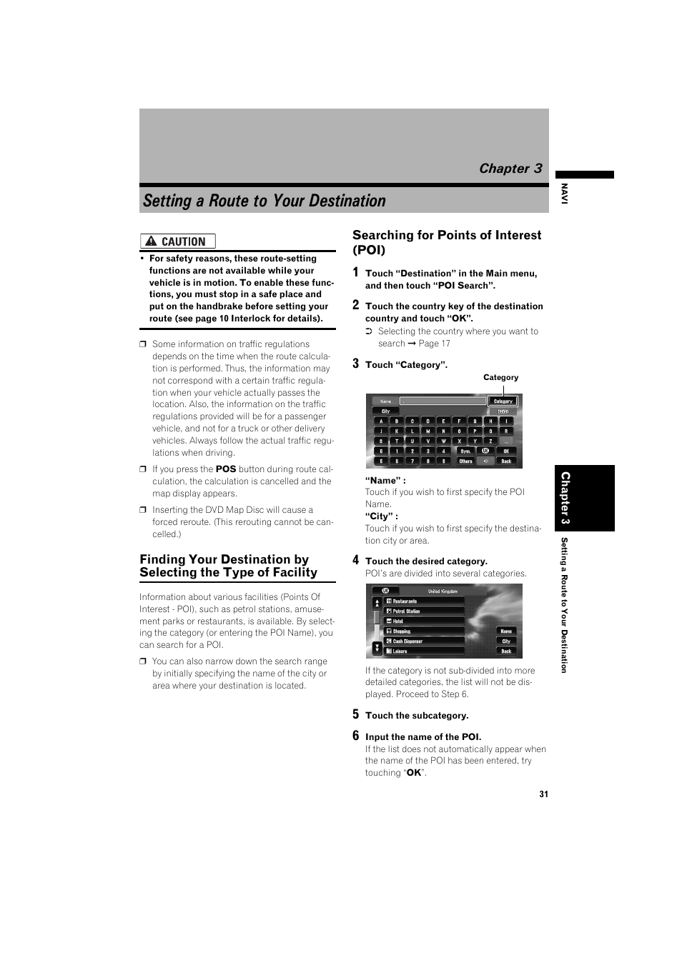 Chapter 3, Setting a route to your destination, Finding your destination by selecting the type of | Facility 31, Searching for points of interest (poi) | Pioneer AVIC-X1BT User Manual | Page 33 / 155