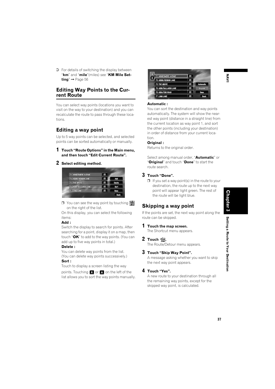 Editing way points to the current route, Editing a way point 37, Skipping a way point | Pioneer AVIC-X1BT User Manual | Page 39 / 155