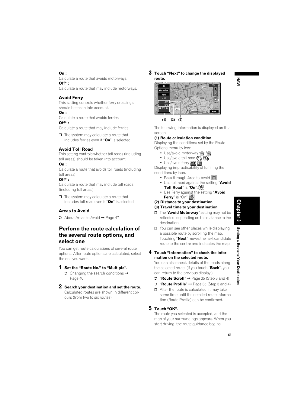 Perform the route calculation of the several, Route options, and select one | Pioneer AVIC-X1BT User Manual | Page 43 / 155