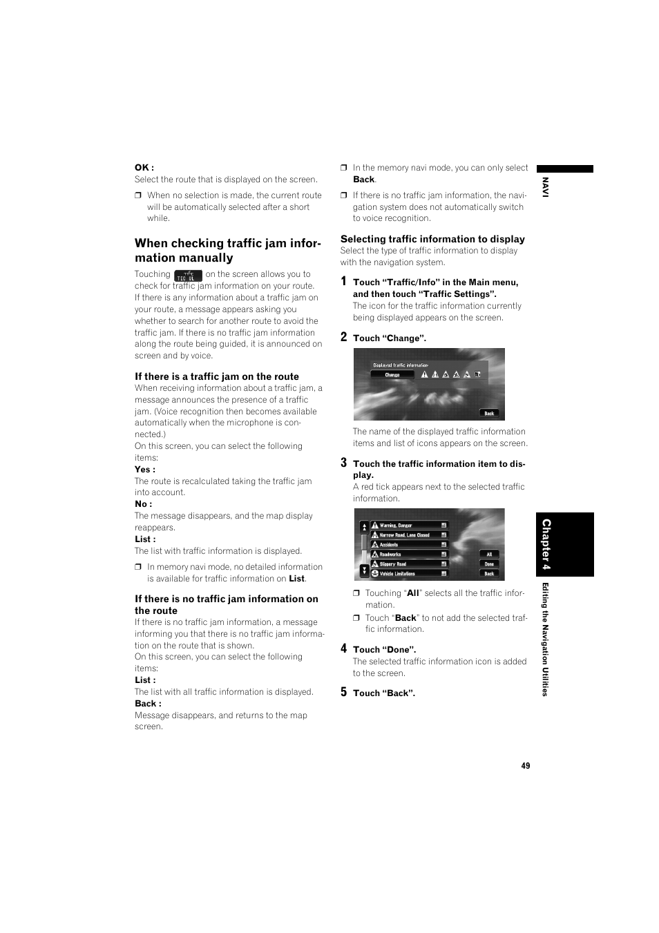 When checking traffic jam information, Manually 49, Selecting traffic information to display | When checking traffic jam infor- mation manually | Pioneer AVIC-X1BT User Manual | Page 51 / 155