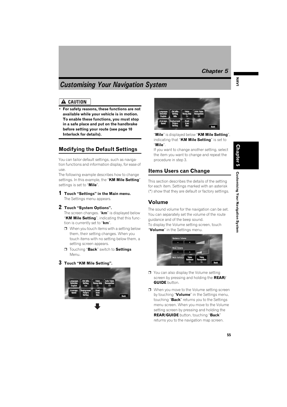 Chapter 5, Customising your navigation sys- tem, Modifying the default settings | Items users can change, Volume, Customising your navigation system | Pioneer AVIC-X1BT User Manual | Page 57 / 155