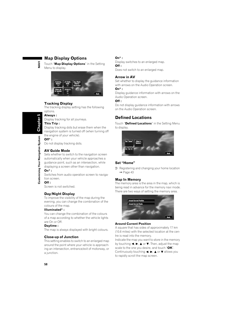 Map display options, Defined locations | Pioneer AVIC-X1BT User Manual | Page 60 / 155