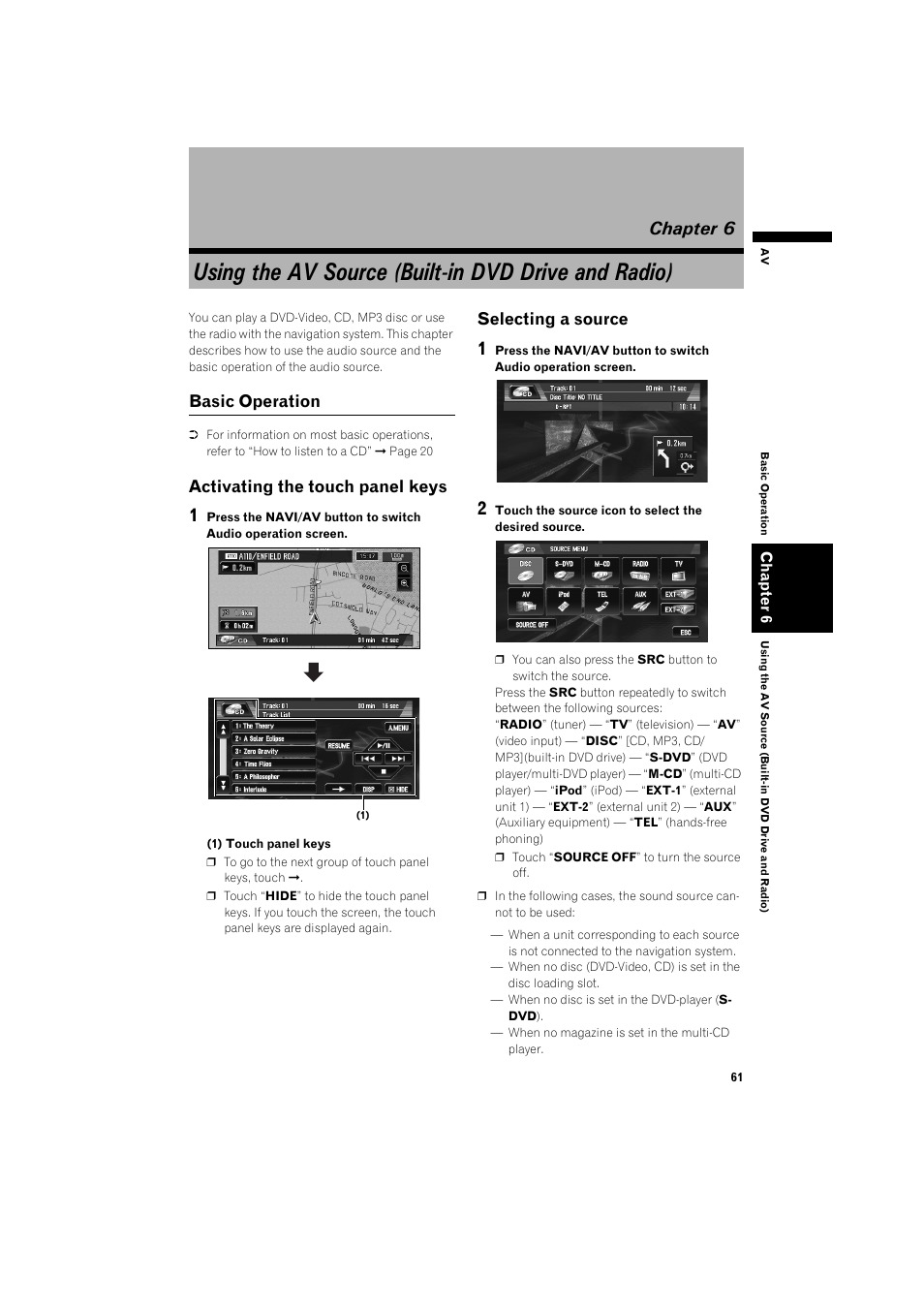 Chapter 6, Using the av source (built-in dvd drive and radio), Basic operation 61 | Activating the touch panel keys, Selecting a source 61, Basic operation, Selecting a source | Pioneer AVIC-X1BT User Manual | Page 63 / 155