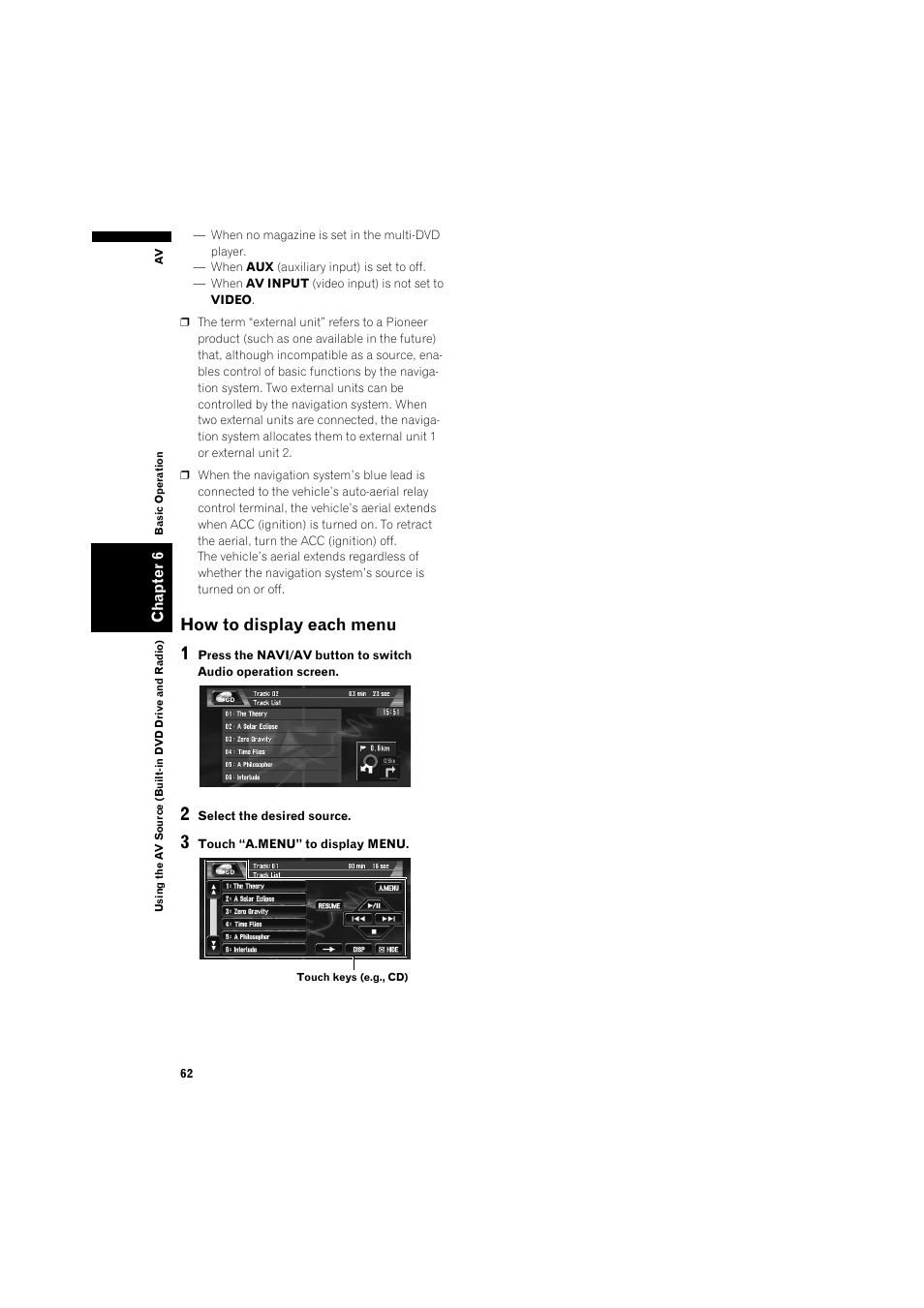 How to display each menu 62, How to display each menu | Pioneer AVIC-X1BT User Manual | Page 64 / 155
