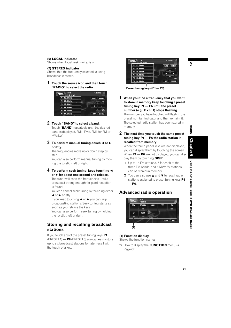 Storing and recalling broadcast stations 71, Advanced radio operation, Storing and recalling broadcast stations | Pioneer AVIC-X1BT User Manual | Page 73 / 155
