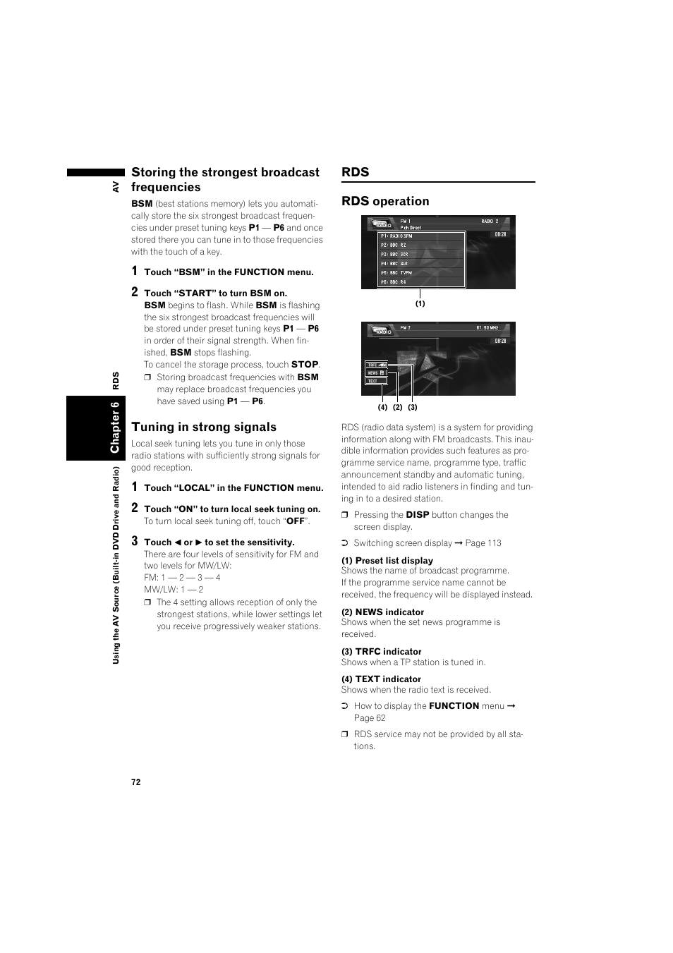 Storing the strongest broadcast frequencies 72, Tuning in strong signals 72, Rds operation 72 | Storing the strongest broadcast frequencies, Tuning in strong signals, Rds rds operation | Pioneer AVIC-X1BT User Manual | Page 74 / 155