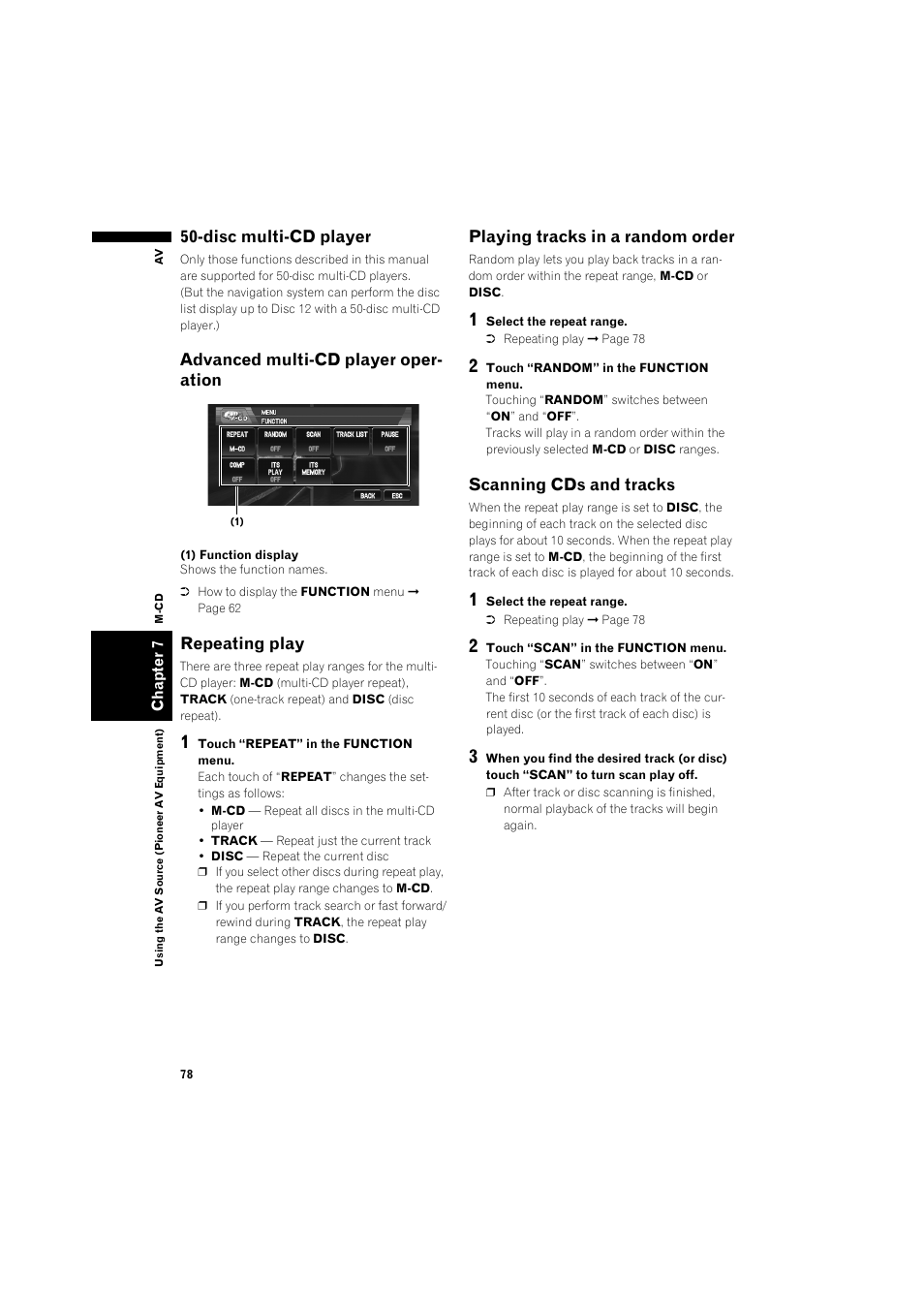 Disc multi-cd player, Advanced multi-cd player operation, Repeating play 78 | Playing tracks in a random order, Scanning cds and tracks, Advanced multi-cd player oper- ation, Repeating play | Pioneer AVIC-X1BT User Manual | Page 80 / 155