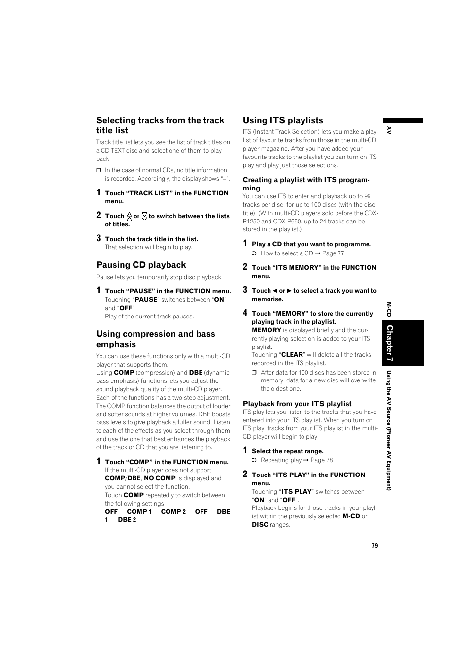Selecting tracks from the track title list, Pausing cd playback 79, Using compression and bass emphasis | Using its playlists 79 | Pioneer AVIC-X1BT User Manual | Page 81 / 155
