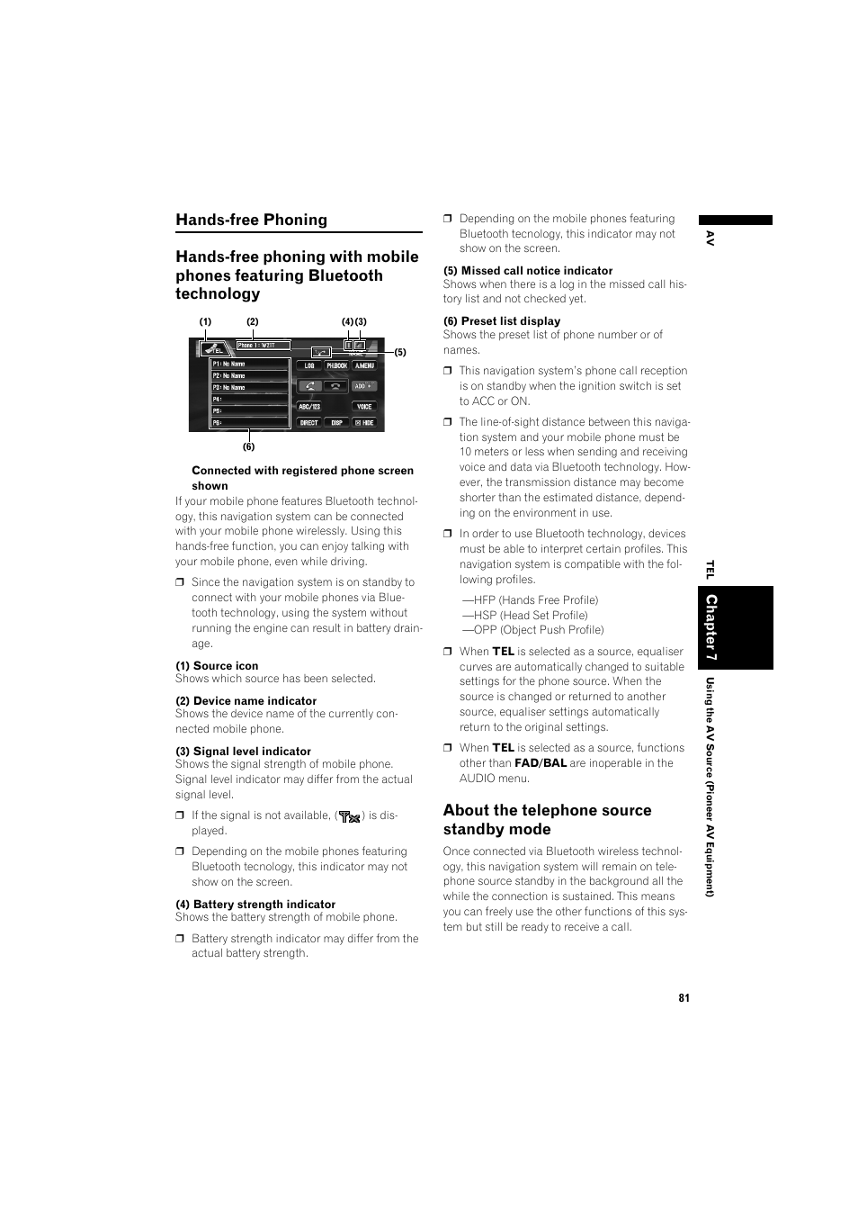 Hands-free phoning, Hands-free phoning with mobile phones featur, Ing bluetooth technology | About the telephone source standby mode 81, About the telephone source standby mode | Pioneer AVIC-X1BT User Manual | Page 83 / 155