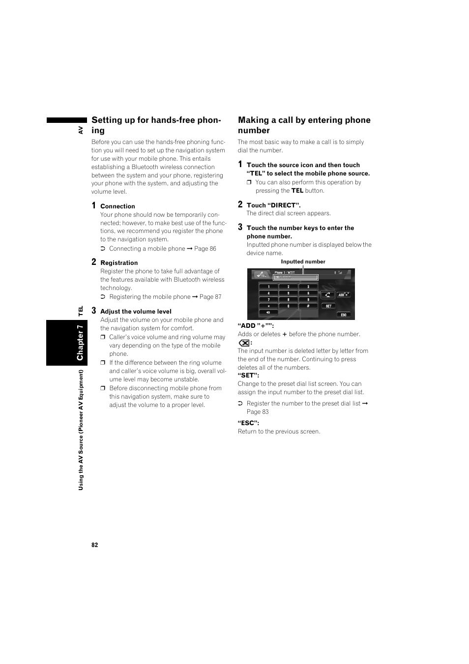 Setting up for hands-free phoning 82, Making a call by entering phone number, Setting up for hands-free phon- ing | Pioneer AVIC-X1BT User Manual | Page 84 / 155