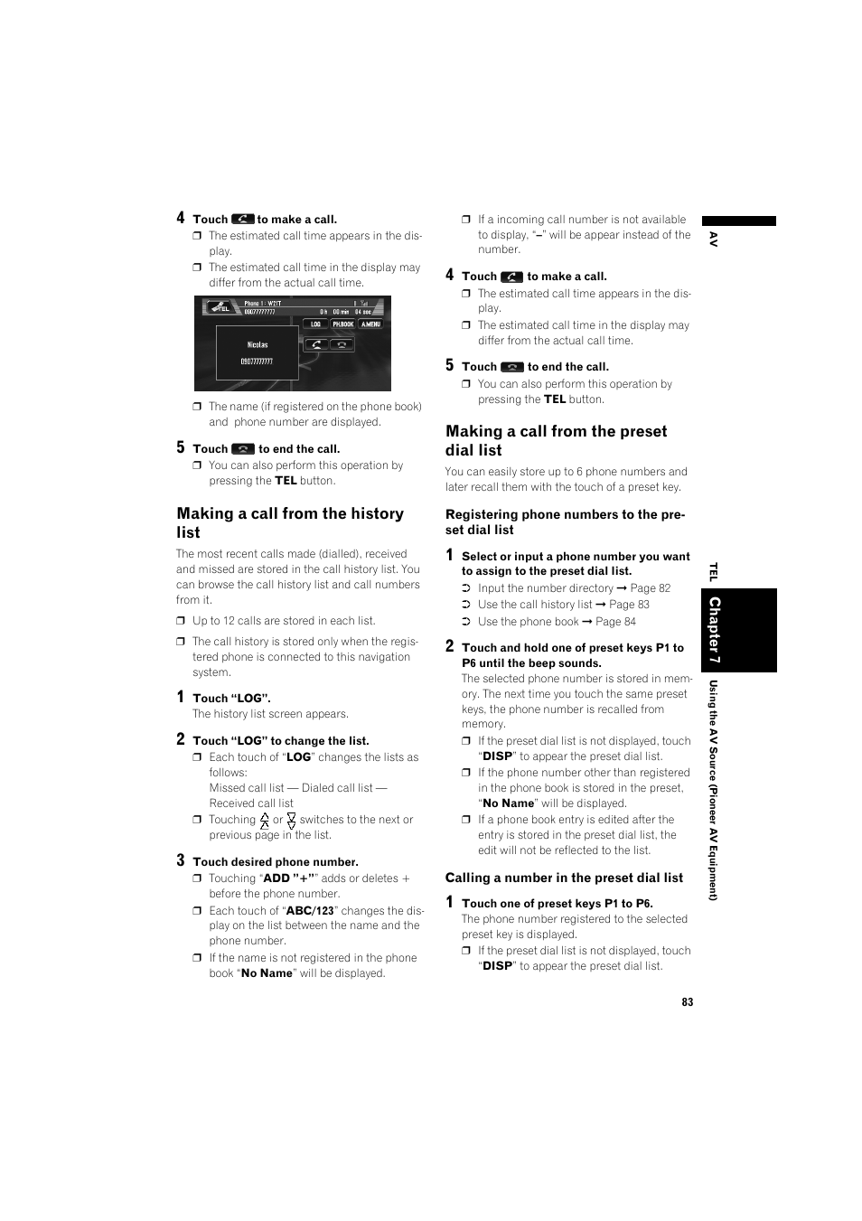 Making a call from the history list 83, Making a call from the preset dial list, Making a call from the history list | Pioneer AVIC-X1BT User Manual | Page 85 / 155