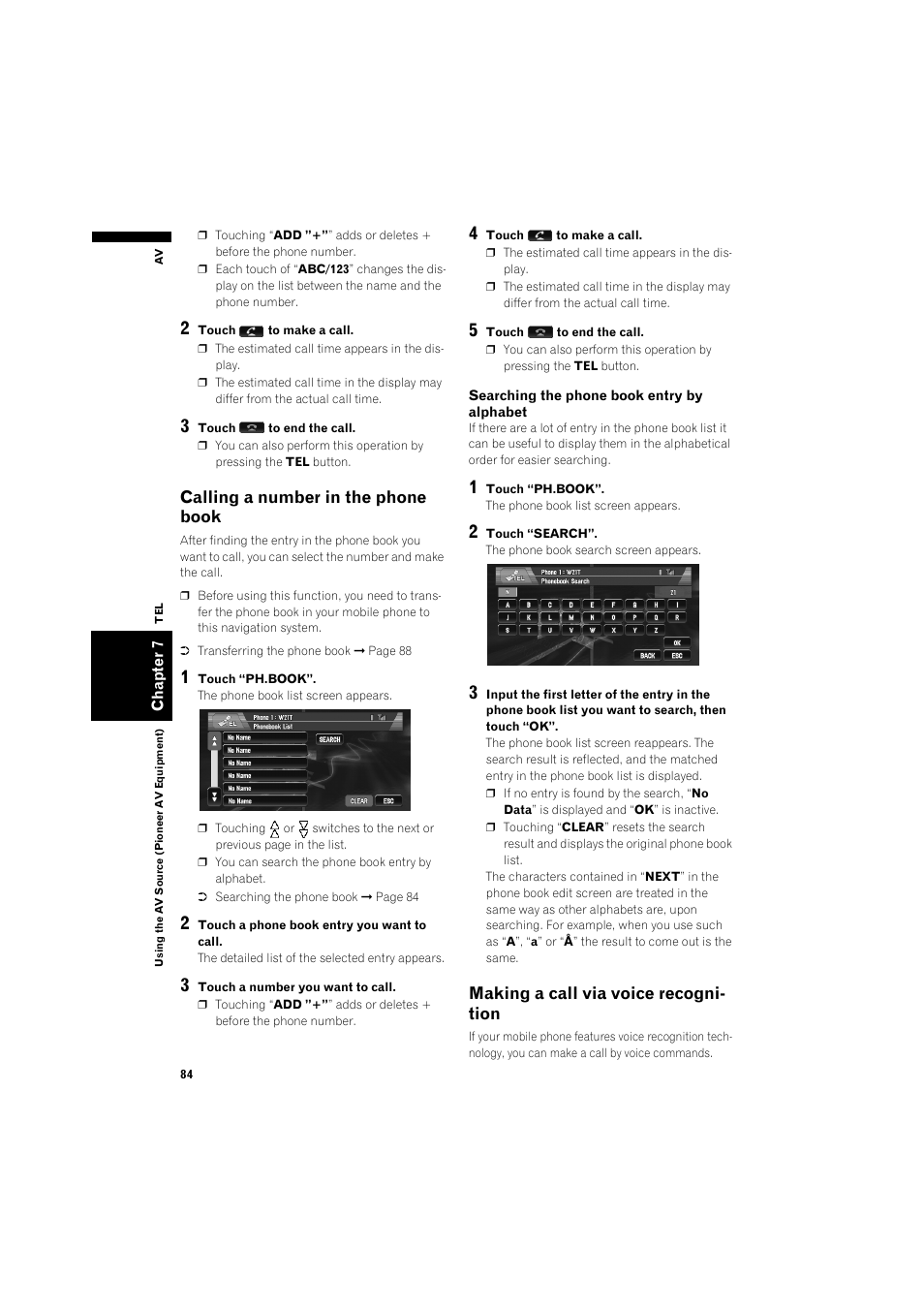 Calling a number in the phone book 84, Making a call via voice recognition, Calling a number in the phone book | Making a call via voice recogni- tion | Pioneer AVIC-X1BT User Manual | Page 86 / 155