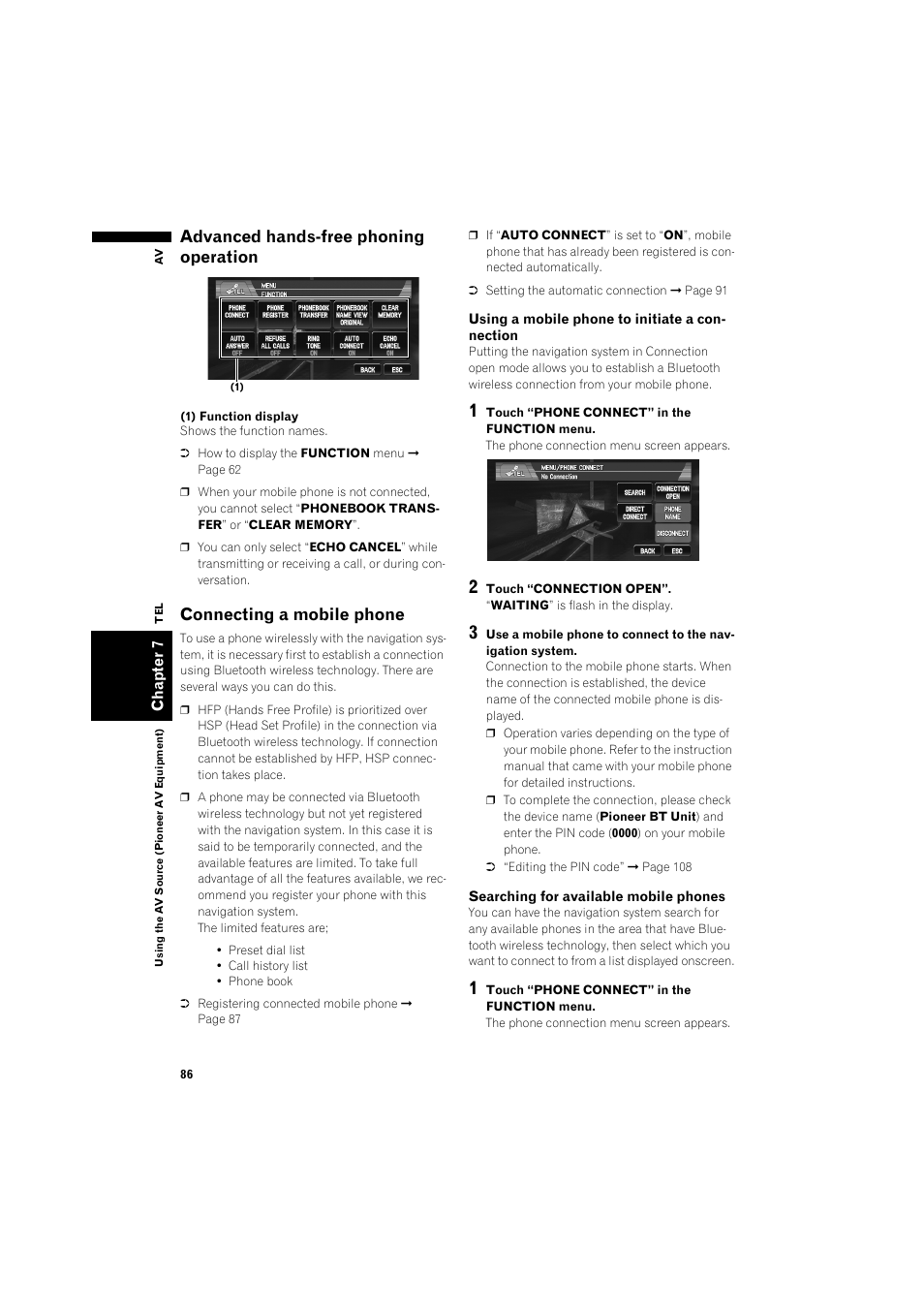 Advanced hands-free phoning operation 86, Connecting a mobile phone, Advanced hands-free phoning operation | Pioneer AVIC-X1BT User Manual | Page 88 / 155