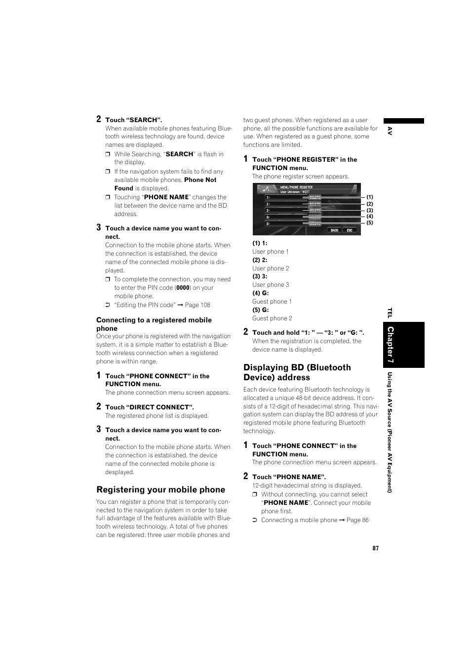 Registering your mobile phone, Displaying bd (bluetooth device) address 87, Displaying bd (bluetooth device) address | Pioneer AVIC-X1BT User Manual | Page 89 / 155
