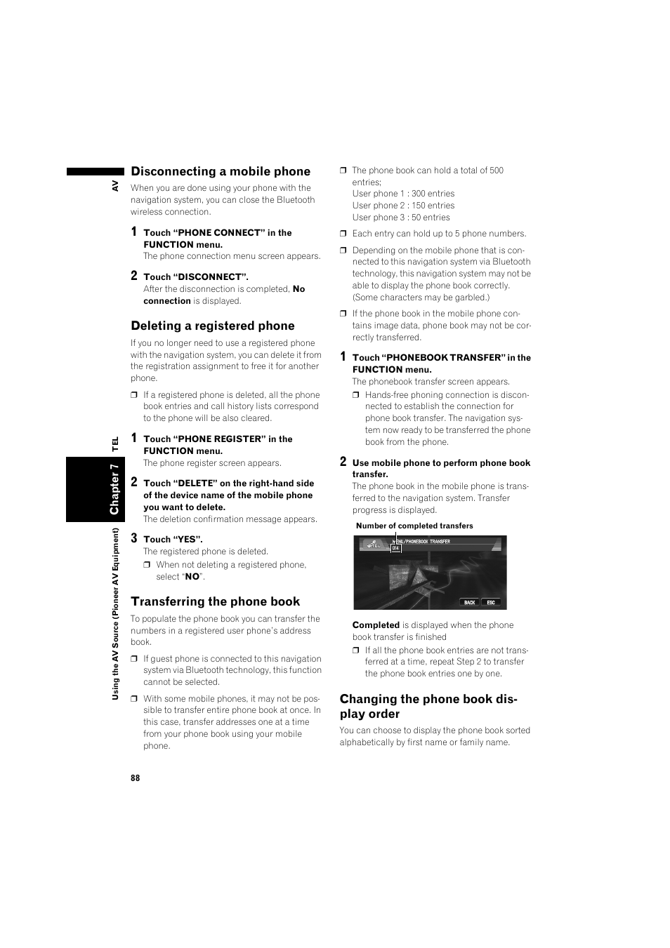 Disconnecting a mobile phone, Deleting a registered phone 88, Transferring the phone book | Changing the phone book display order, Deleting a registered phone, Changing the phone book dis- play order | Pioneer AVIC-X1BT User Manual | Page 90 / 155