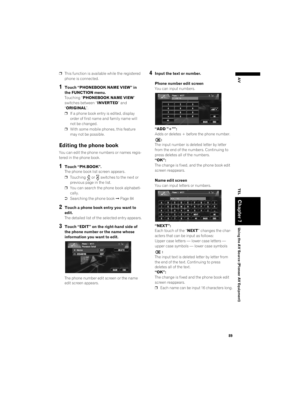 Editing the phone book 89, Editing the phone book | Pioneer AVIC-X1BT User Manual | Page 91 / 155