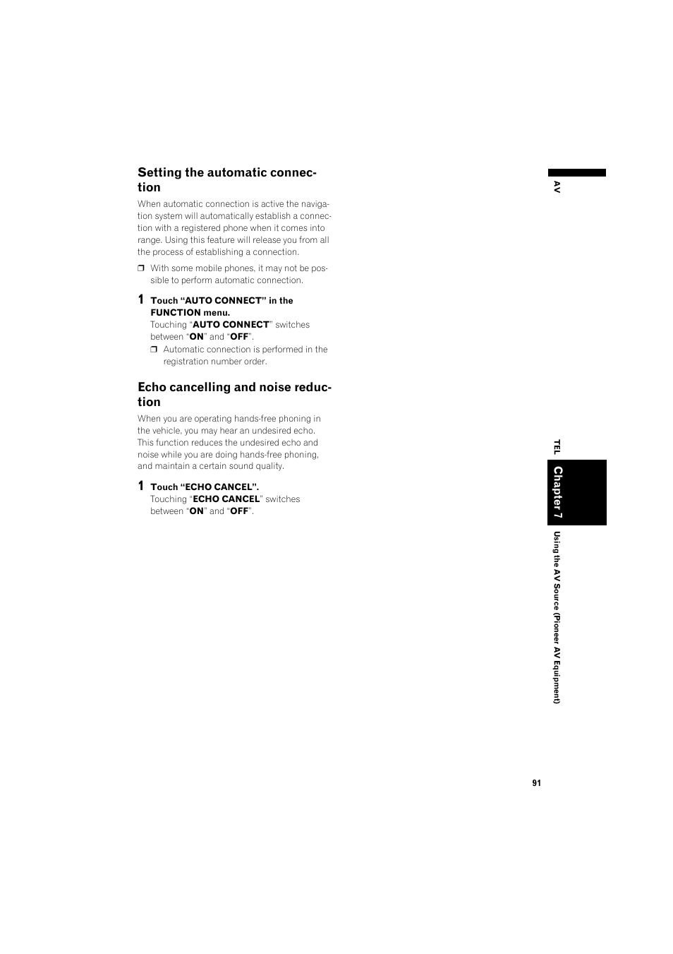Setting the automatic connection 91, Echo cancelling and noise reduction 91, Setting the automatic connec- tion | Echo cancelling and noise reduc- tion | Pioneer AVIC-X1BT User Manual | Page 93 / 155