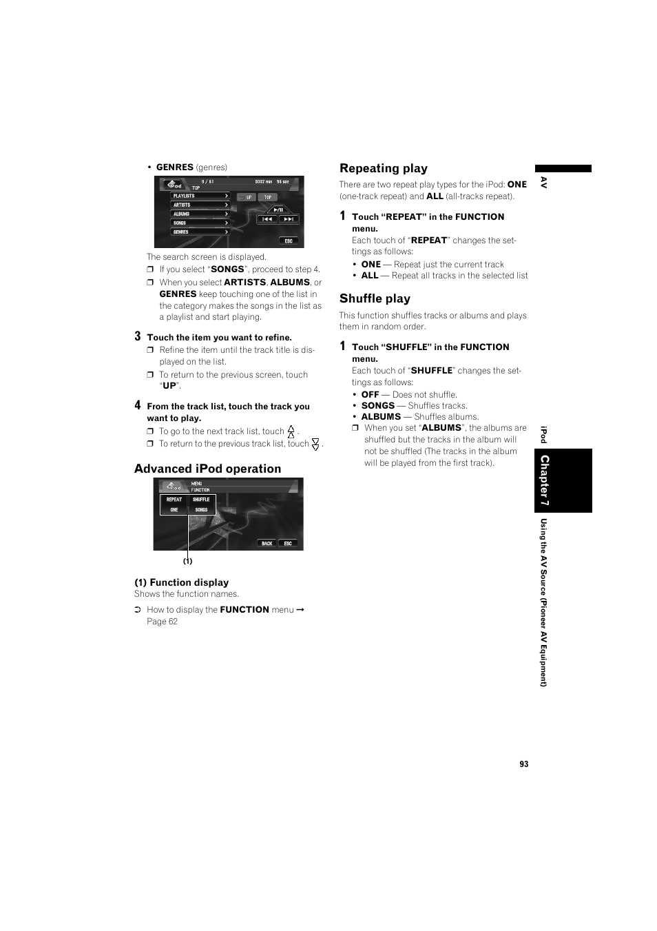 Advanced ipod operation, Repeating play 93, Shuffle play | Repeating play | Pioneer AVIC-X1BT User Manual | Page 95 / 155