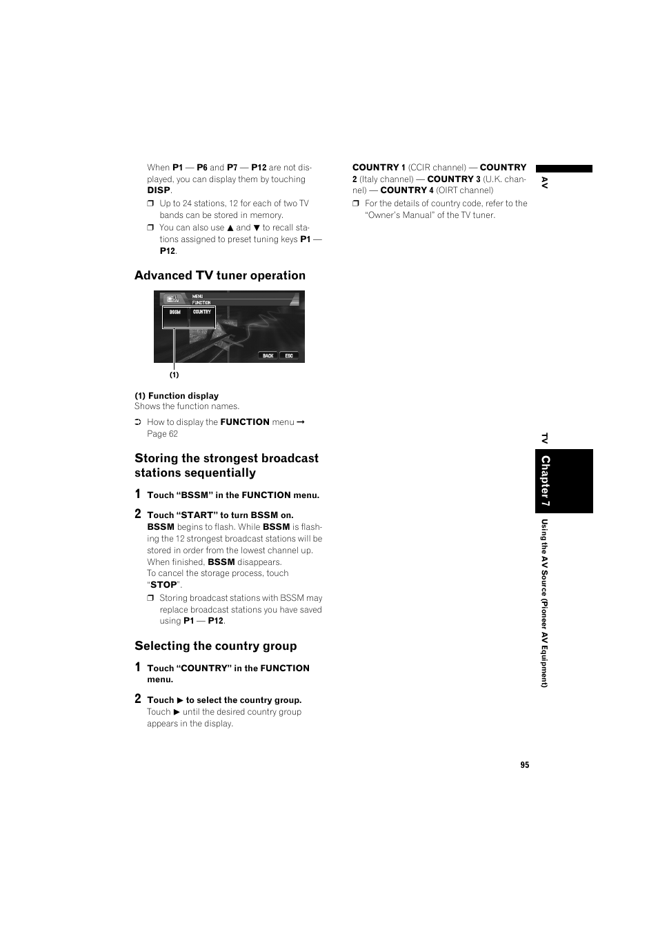 Advanced tv tuner operation, Storing the strongest broadcast stations, Sequentially | Selecting the country group | Pioneer AVIC-X1BT User Manual | Page 97 / 155