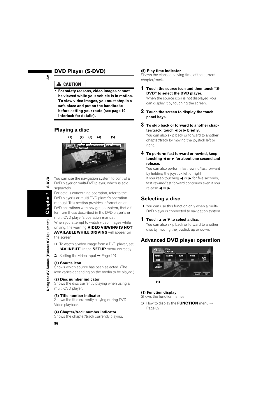 Dvd player (s-dvd), Playing a disc, Selecting a disc 96 | Advanced dvd player operation 96, Selecting a disc, Advanced dvd player operation | Pioneer AVIC-X1BT User Manual | Page 98 / 155