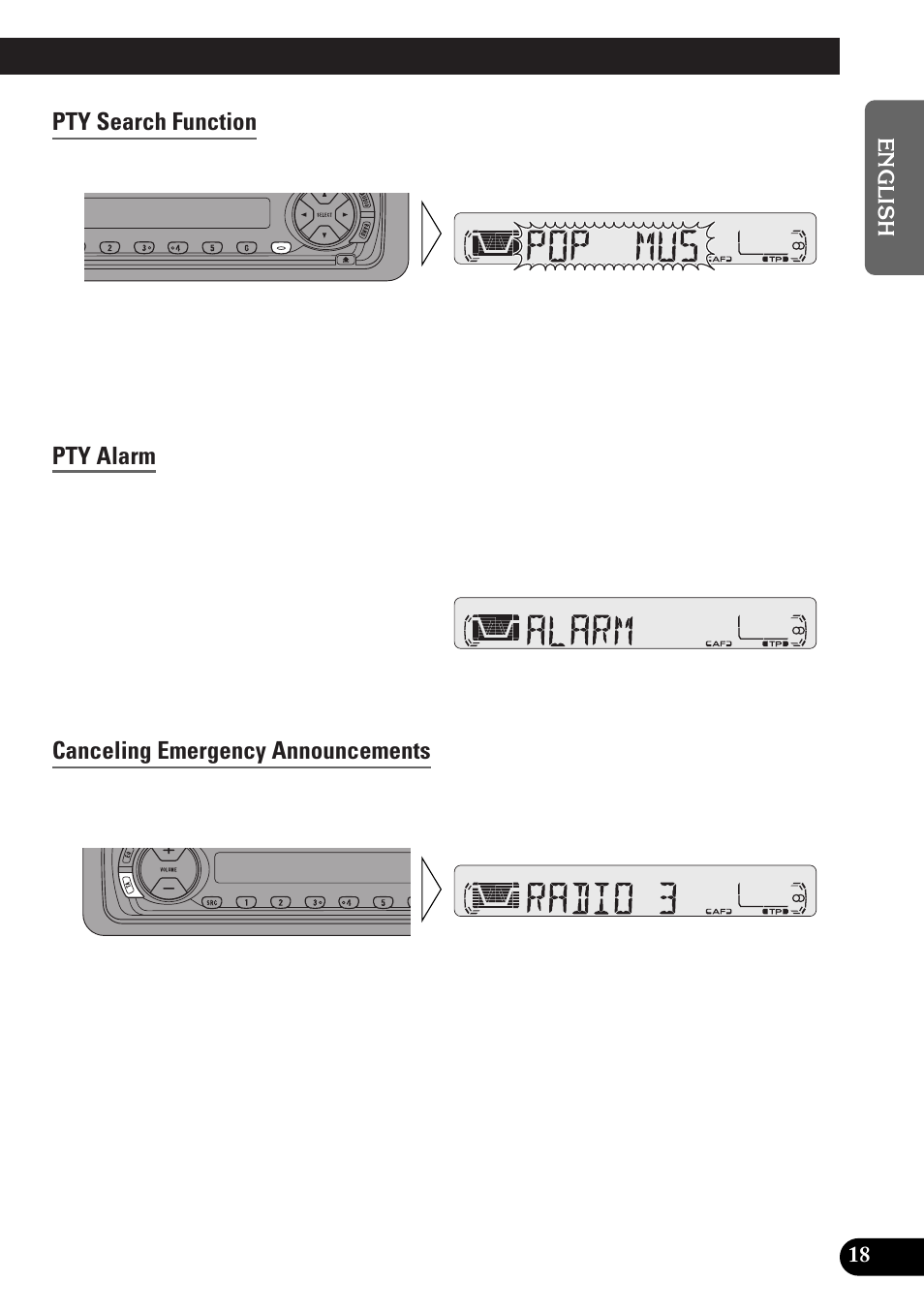 Pty search function, Pty alarm, Canceling emergency announcements | Pioneer KEH-P4010RB User Manual | Page 19 / 100