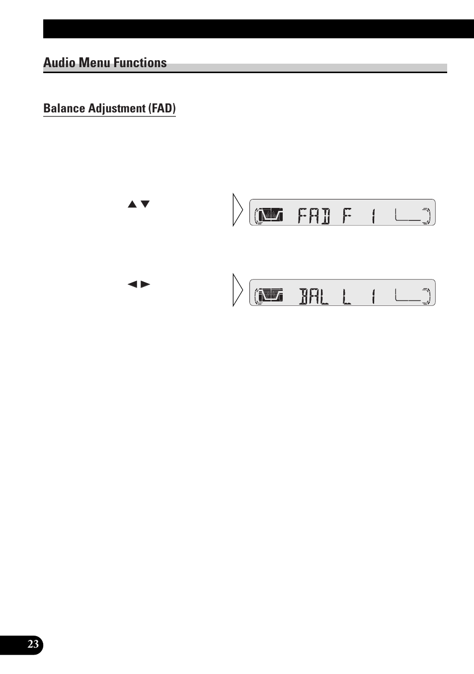 Audio menu functions, Balance adjustment (fad), Audio adjustment | Pioneer KEH-P4010RB User Manual | Page 24 / 100