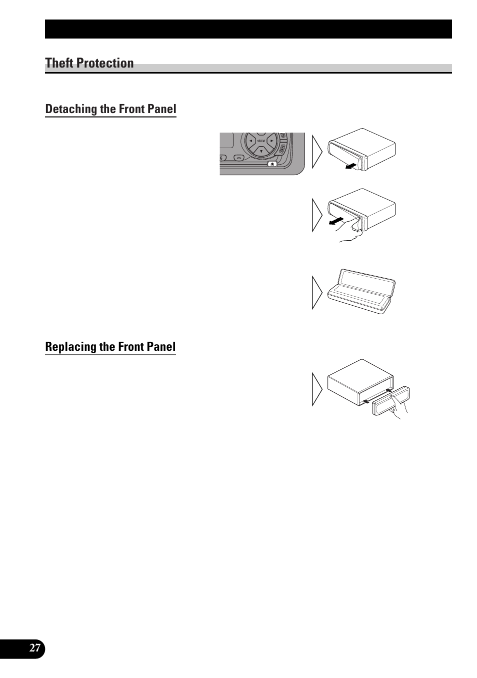 Detaching and replacing, The front panel, Theft protection | Detaching the front panel, Replacing the front panel, Detaching and replacing the front panel | Pioneer KEH-P4010RB User Manual | Page 28 / 100