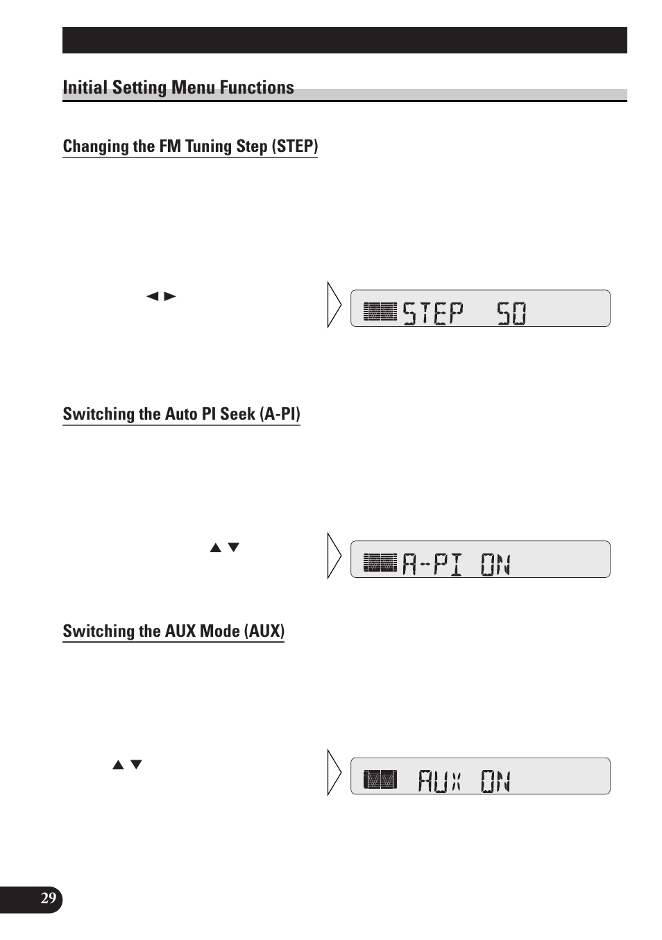 Initial setting menu functions, Changing the fm tuning step (step), Switching the auto pi seek (a-pi) | Switching the aux mode (aux), Initial setting | Pioneer KEH-P4010RB User Manual | Page 30 / 100