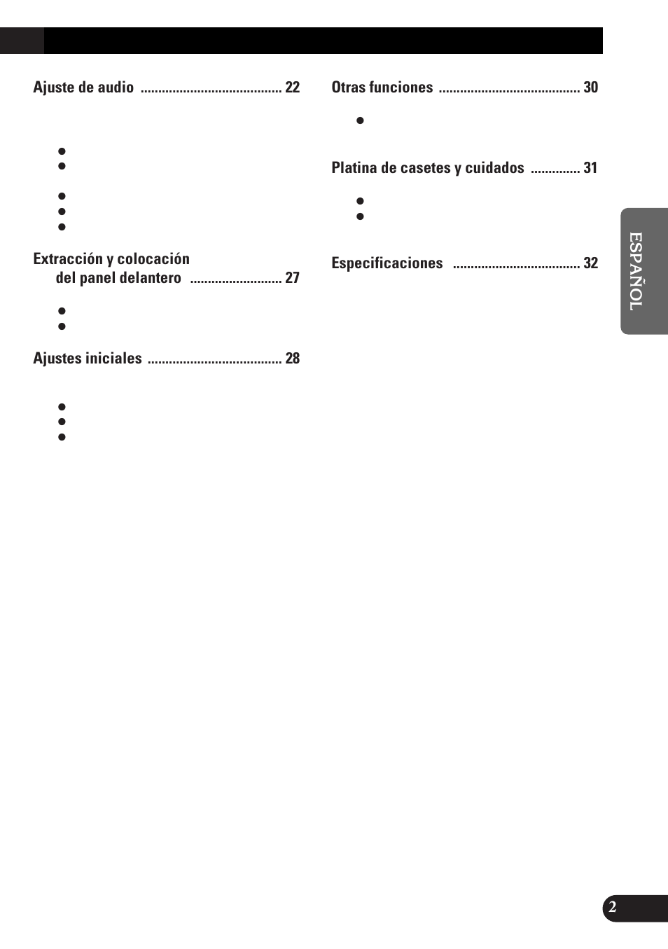 Ajuste de audio, Extracción y colocación del panel delantero, Ajustes iniciales | Otras funciones, Platina de casetes y cuidados | Pioneer KEH-P4010RB User Manual | Page 35 / 100