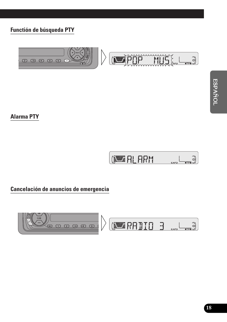 Función de búsqueda pty, Alarma pty, Cancelación de anuncios de emergencia | Functión de búsqueda pty | Pioneer KEH-P4010RB User Manual | Page 51 / 100
