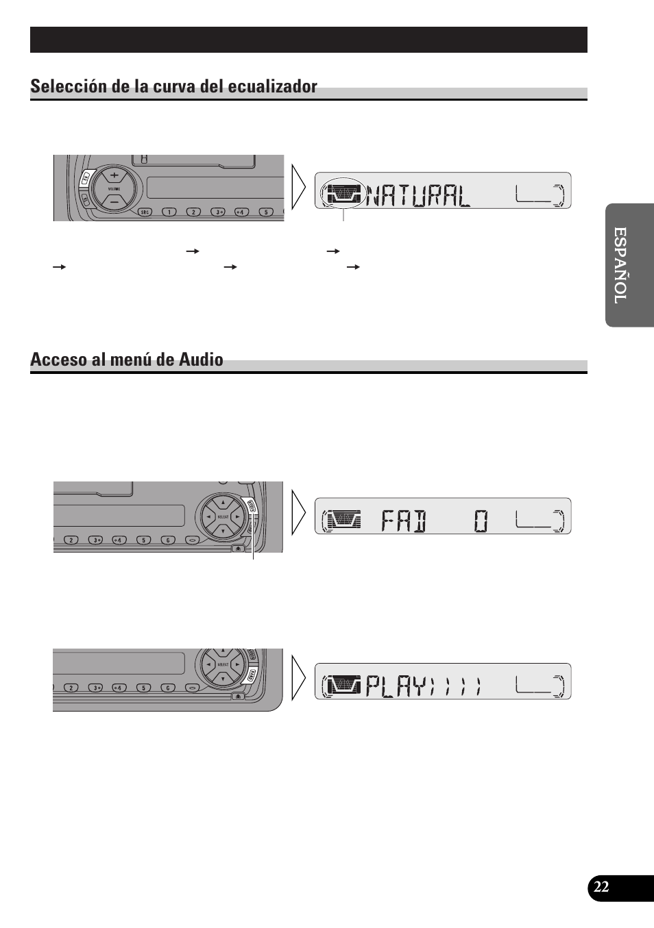 Ajuste de audio, Selección de la curva del ecualizador, Acceso al menú de audio | Pioneer KEH-P4010RB User Manual | Page 55 / 100