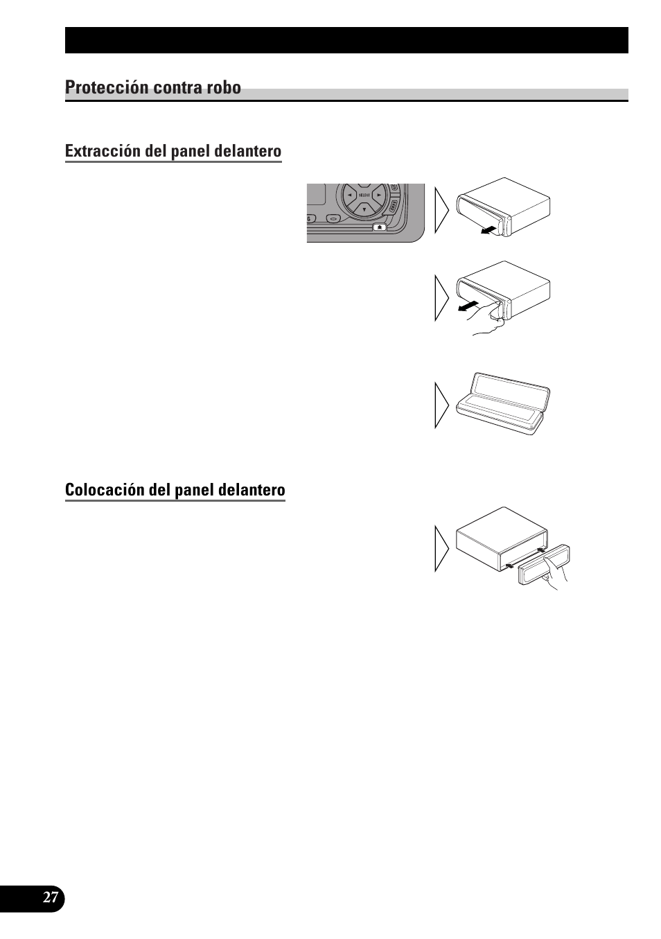 Extracción y colocación, Del panel delantero, Protección contra robo | Extracción del panel delantero, Colocación del panel delantero, Extracción y colocación del panel delantero | Pioneer KEH-P4010RB User Manual | Page 60 / 100
